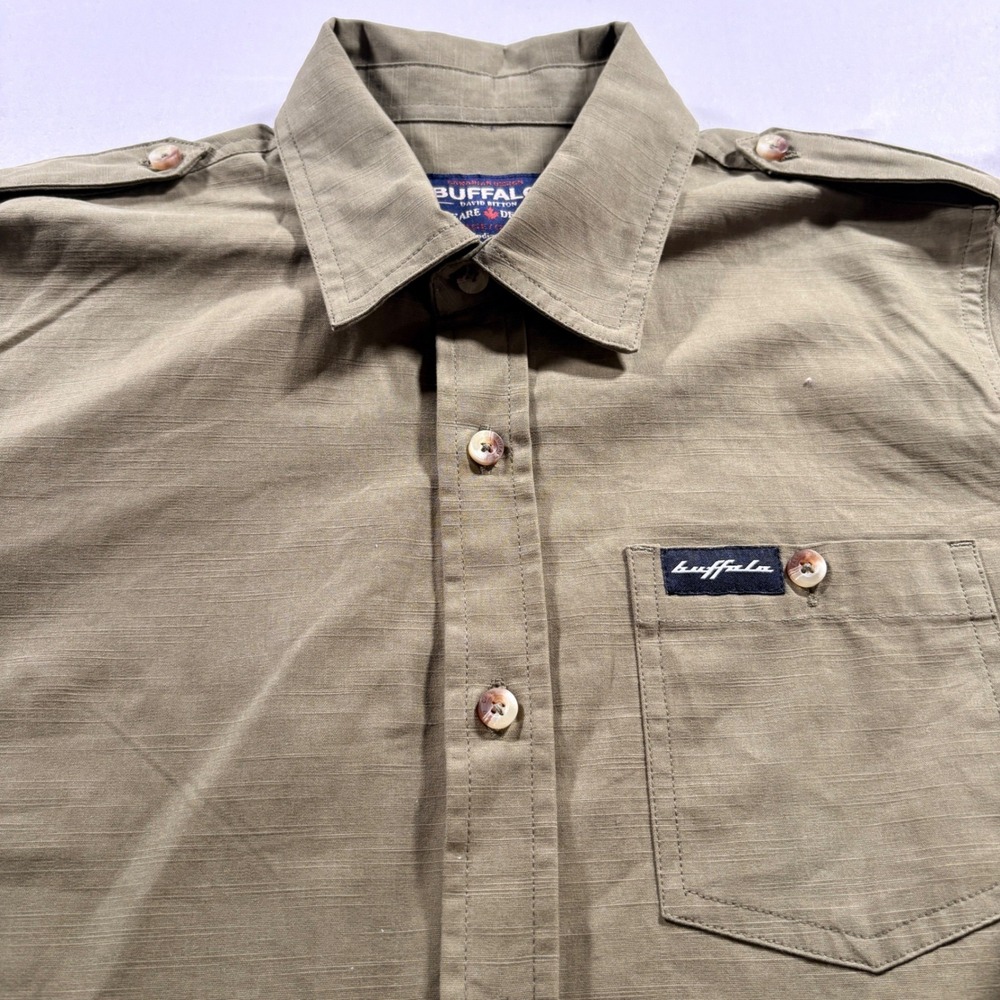 Buffalo David Bitton Button Down Shirt Boys Large 14-16 Olive Green Utility Slub
